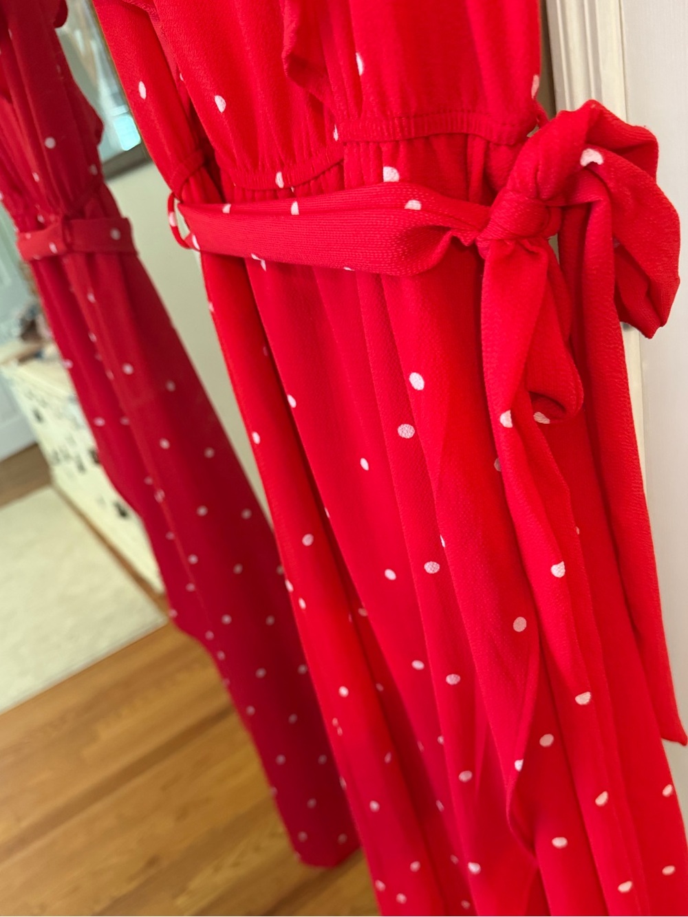 Red Polka Dot Ruffle Midi Dress - Women's Effortless Day-to-Evening Style - Picture 10 of 14